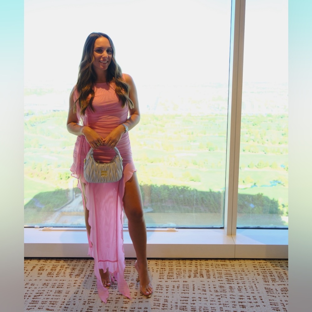 Lovers + Friends Pink Ruched Sheer Asymmetrical Dress
